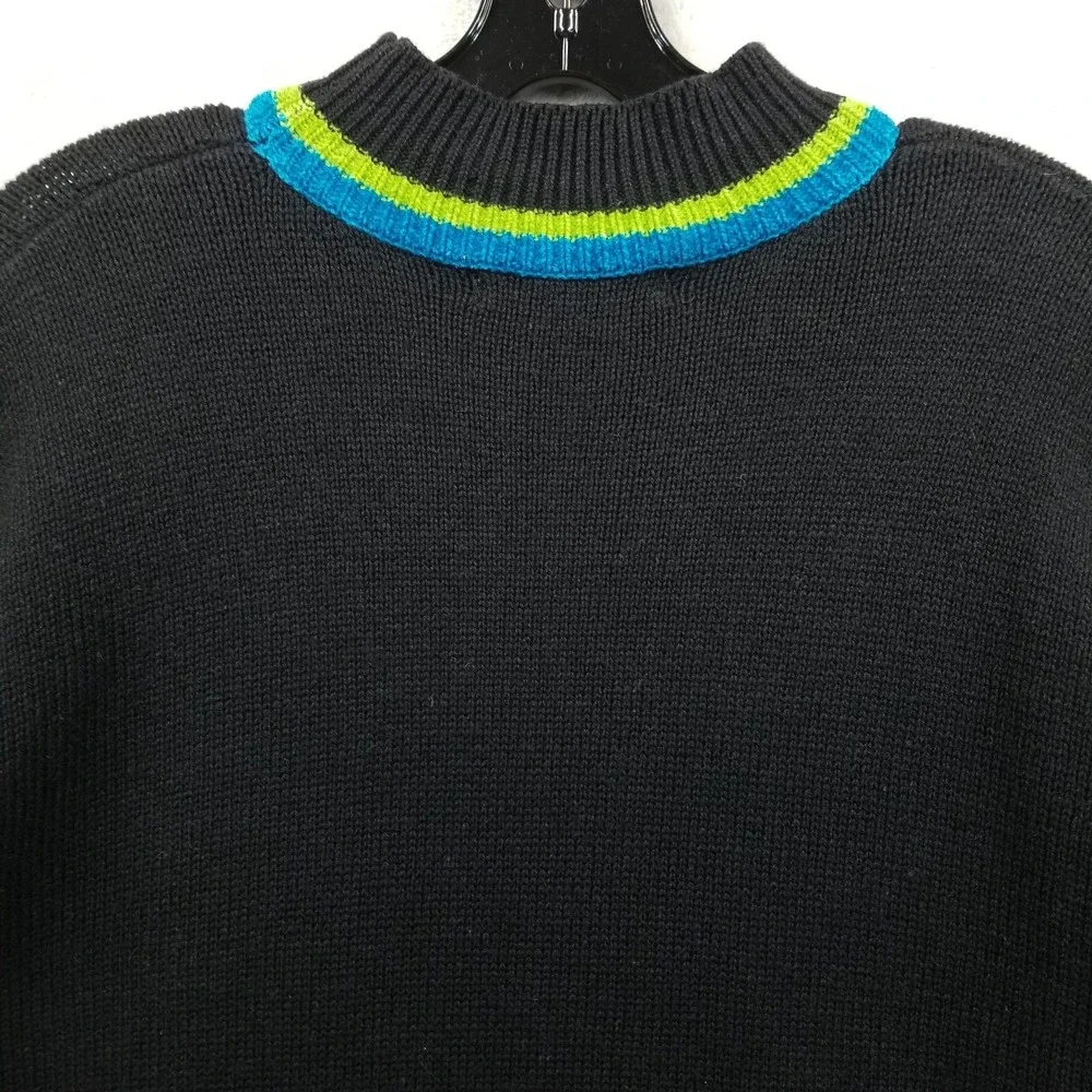 Vintage Sweater Women L‎ Black Argyle Moch Neck Chenille Trim Oversized Tunic